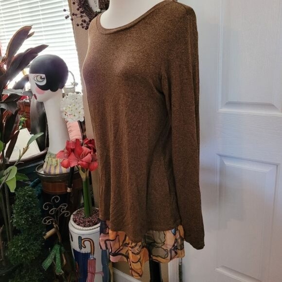 LOGO Lori Goldstein Fall Top Brown Floral Print Chiffon Trim Small - Picture 1 of 8